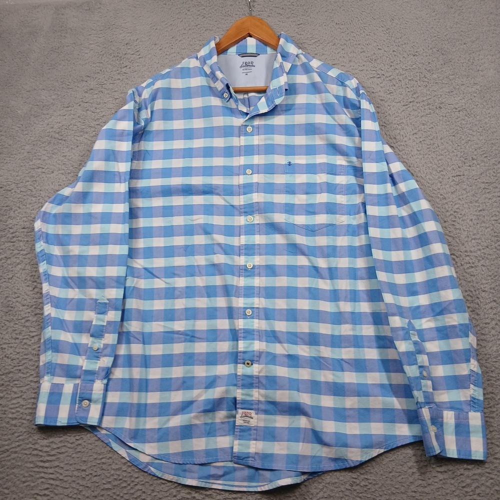 Izod Saltwater Men's XL Long Sleeve Shirt Blue White Gingham Check Relaxed
